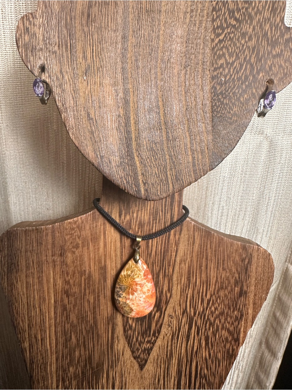 Orange and Black Coral Fossil Teardrop Pendant Necklace on Black Rope - Picture 2 of 16